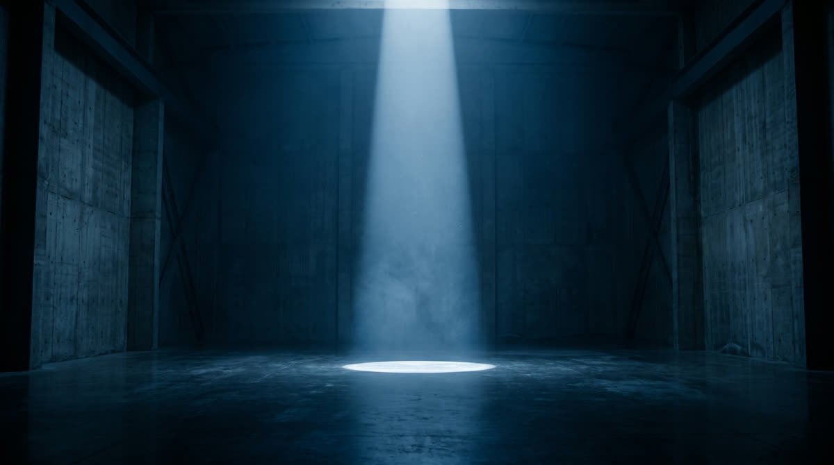 Un haz de luz cayendo sobre un punto exacto del piso de concreto.